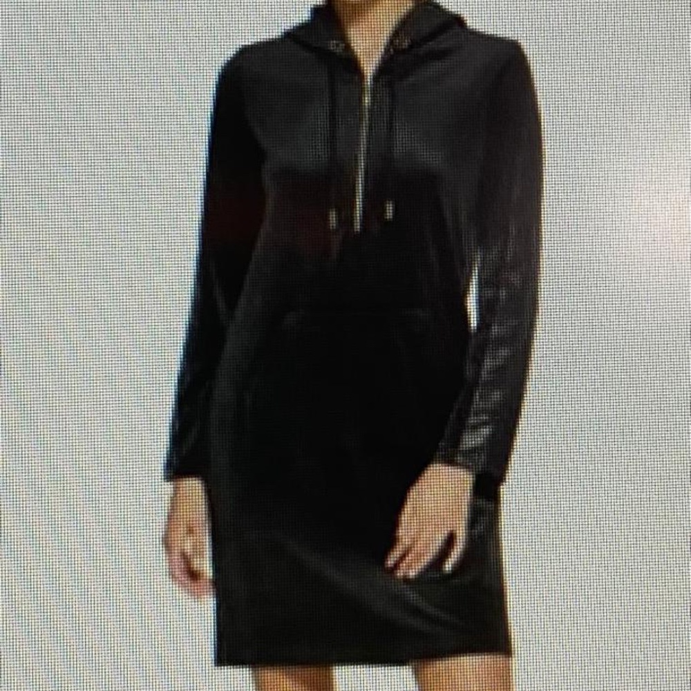NWT Calvin Klein Black Front Pocket Partial Zip Velour Hoodie Sweatshirt Dress